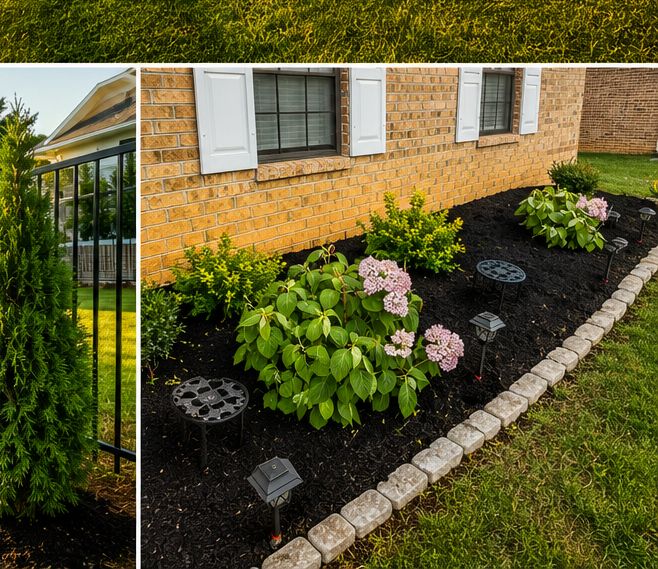 Mulched flower bed with hydrangeas and stone border