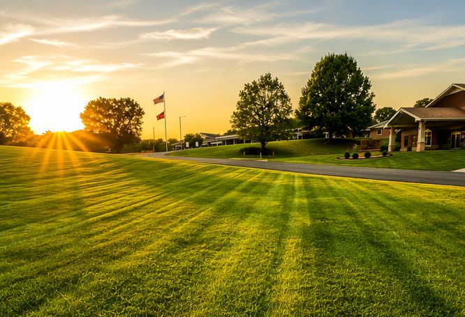 Freshly mowed and striped lawn at sunset