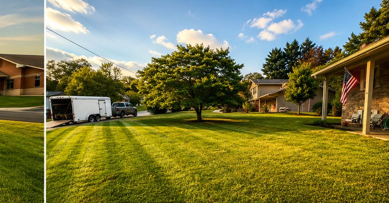 Weekly lawn service with crew trailer on site