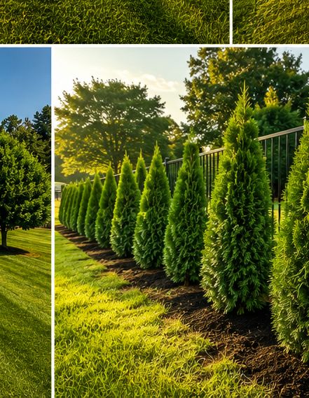 Row of newly planted arborvitae privacy trees